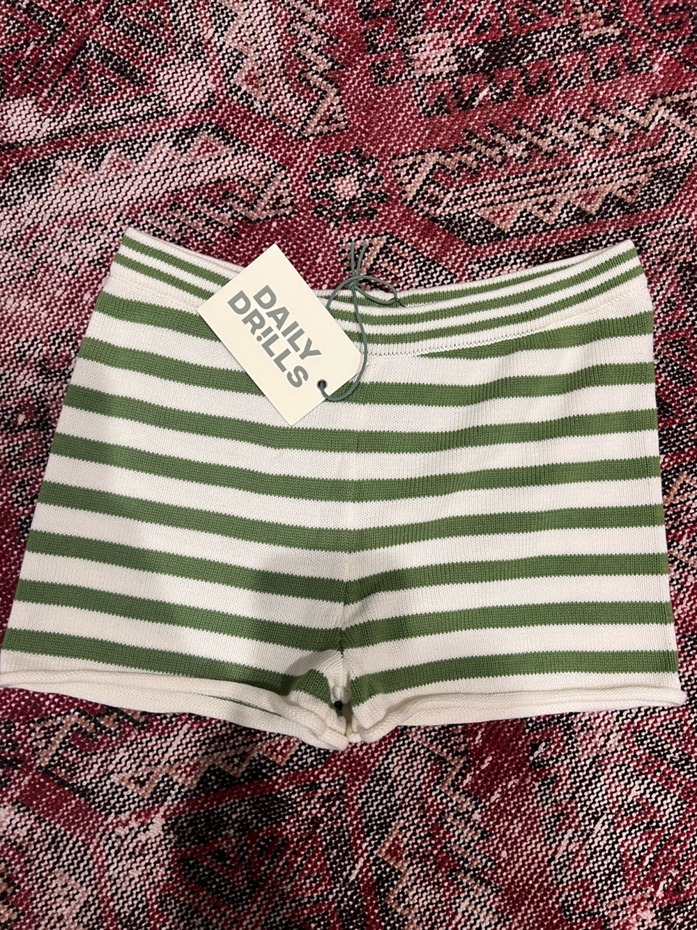 Daily Drills Olive Green & White Striped Knit Shorts